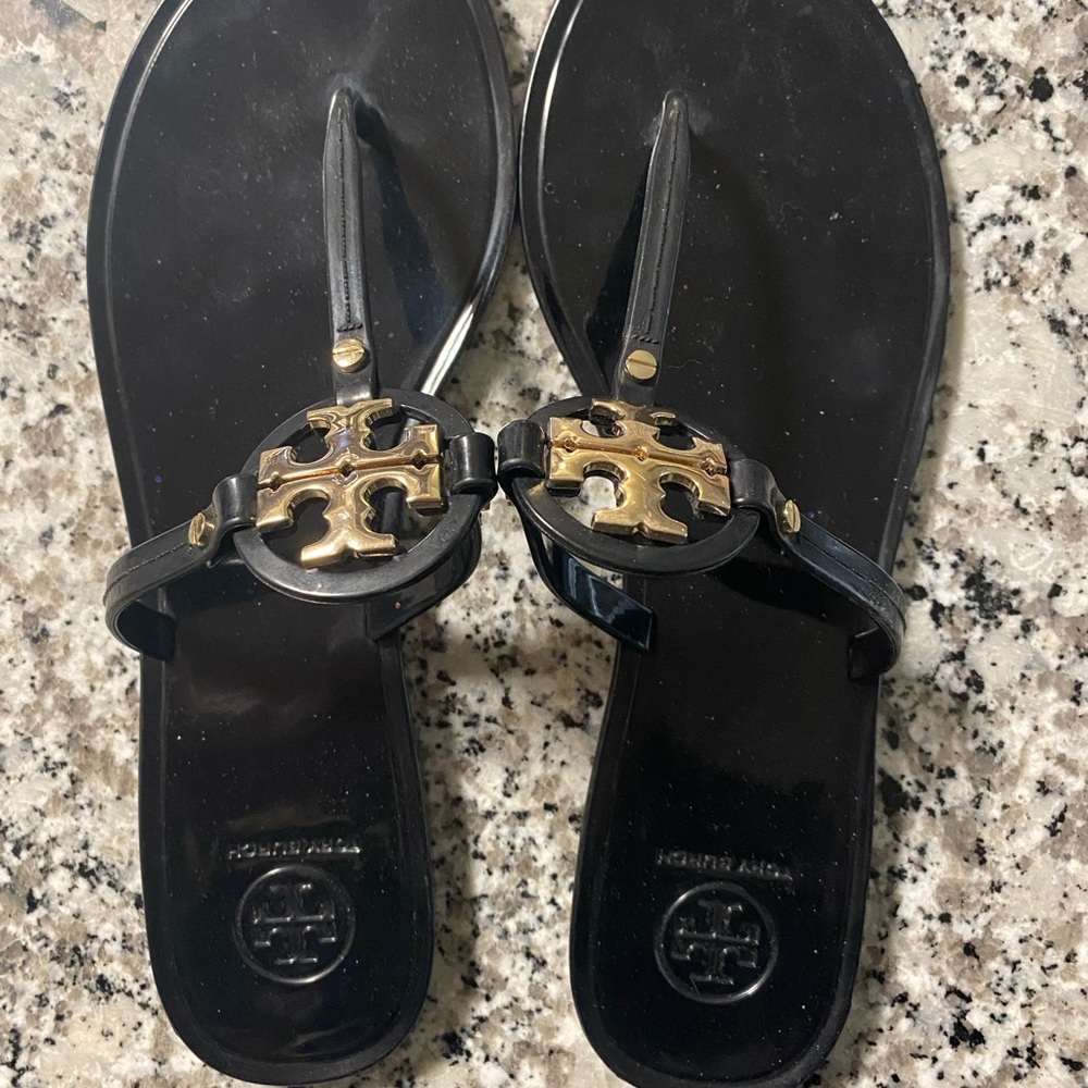 Tory Burch Black Flip Flops with Gold Detail